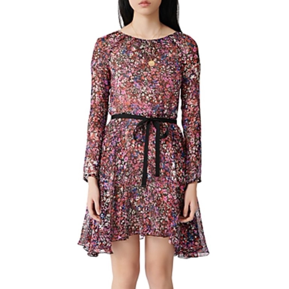 Maje BLACK/PINK Women's Relana Silk Floral Print Mini Dress, US M NWT